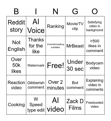 youtube shorts bingo Card