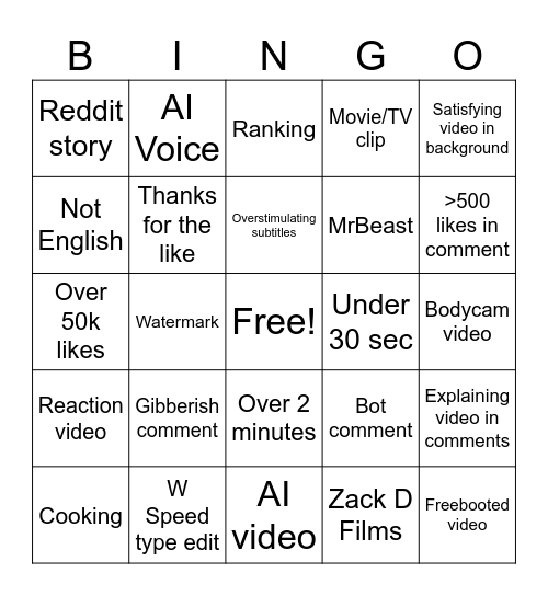 youtube shorts bingo Card
