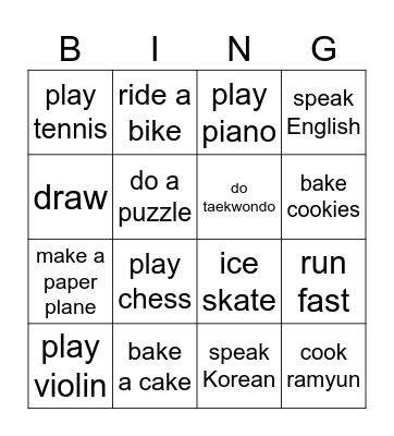 Can and Can't Bingo Card