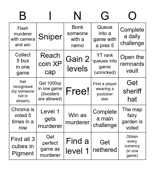 Murder Mystery Bingo (The Hive Minecraft) Bingo Card