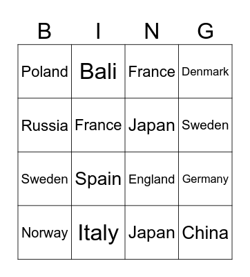 Countries Bingo Card