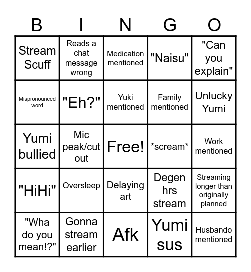 Yumi Bingo Card Bingo Card