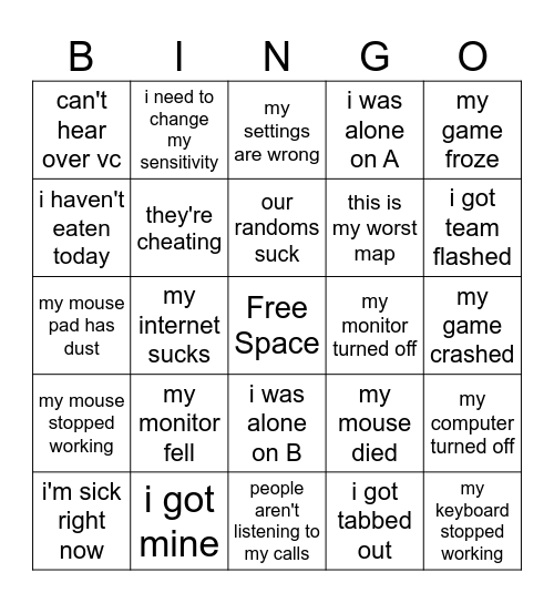 CS EXCUSE BINGO Card