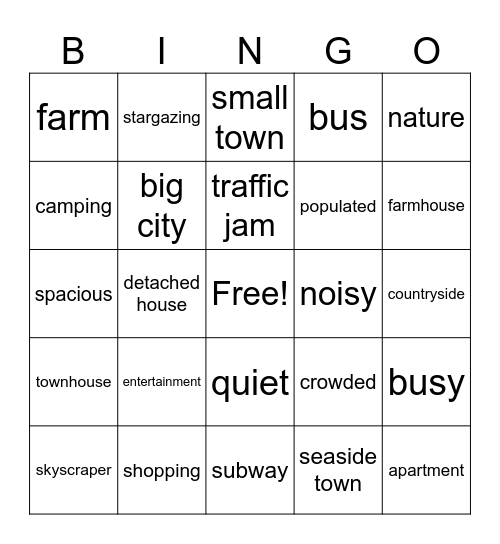 City Life, Country Life Bingo Card