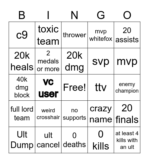 Rivals Bingo Card
