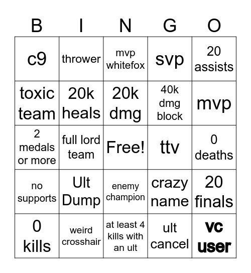 Rivals Bingo Card