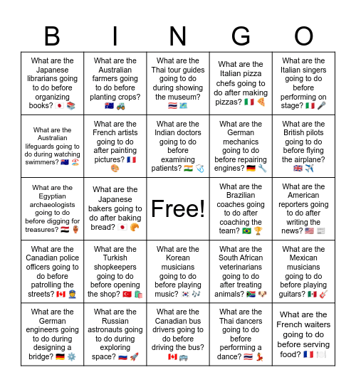 B17 L1 Q What are the Chinese chefs going to do before cooking dinner? 🇨🇳 👨‍🍳 Bingo Card