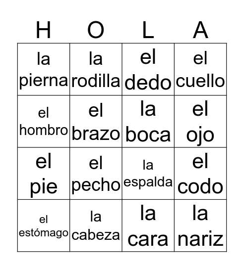El Cuerpo Bingo Card
