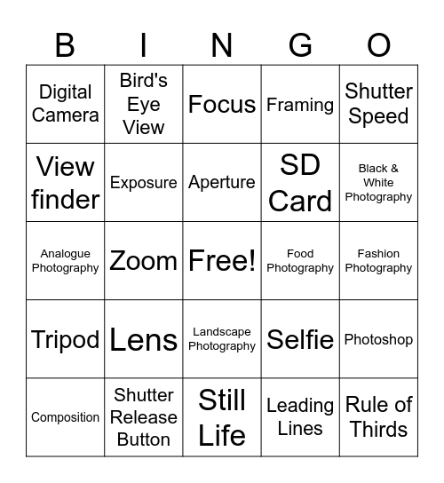 Photography Bingo Card