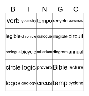 word bingo Card