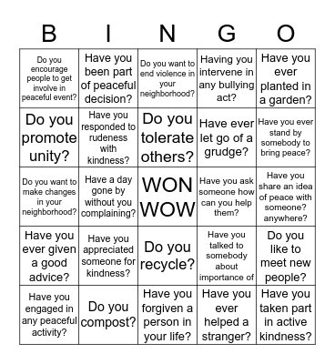 PEACE IN THE PARK- YWCA Bingo Card