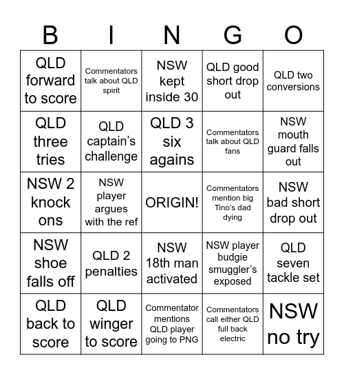 QLD Origin Bingo Card