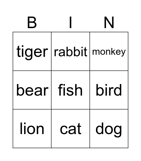 Animals Bingo Card