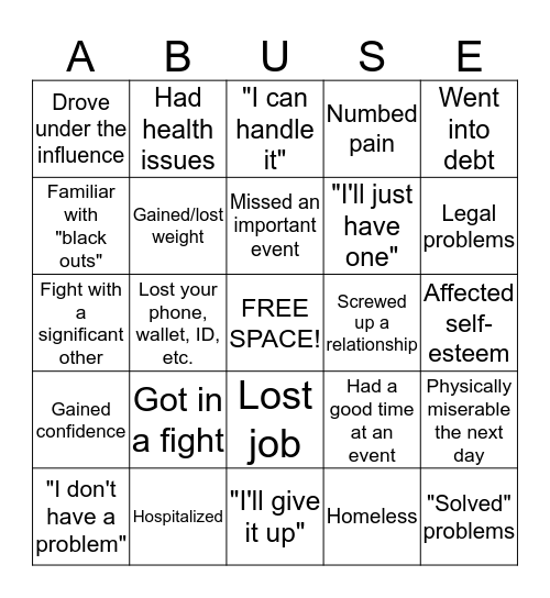 Substance Abuse Bingo Card