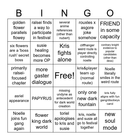 Deltarune chapter 5 Bingo Card