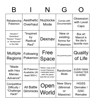 Modern Pokemon Gen 3 Rom Hack Bingo Card