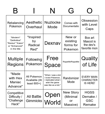 Modern Pokemon Gen 3 Rom Hack Bingo Card