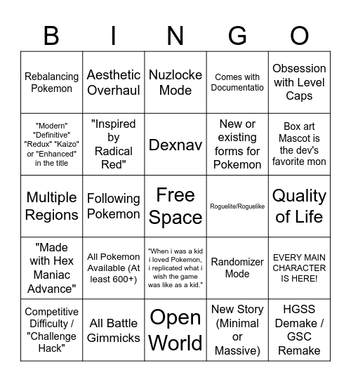 Modern Pokemon Gen 3 Rom Hack Bingo Card