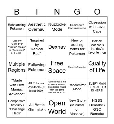 Modern Pokemon Gen 3 Rom Hack Bingo Card