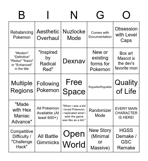 Modern Pokemon Gen 3 Rom Hack Bingo Card