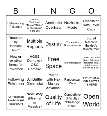 Modern Pokemon Gen 3 Rom Hack Bingo Card