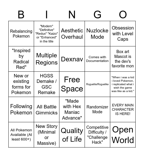 Modern Pokemon Gen 3 Rom Hack Bingo Card