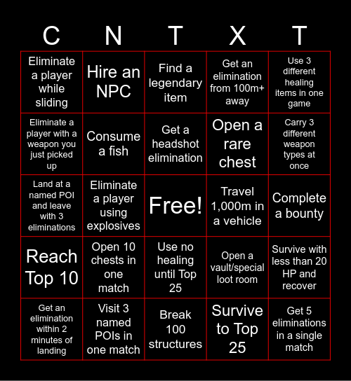FORTNITE BINGO Card