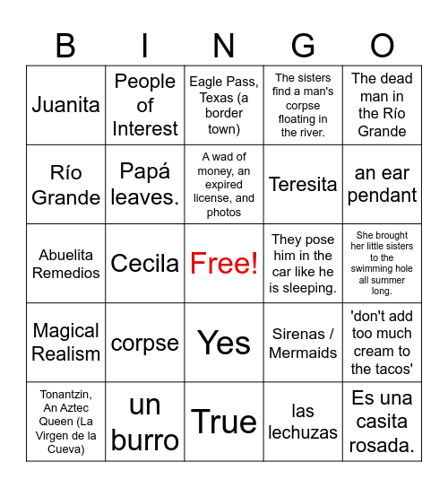 Summer of the Mariposas: Chapters 1-14 Bingo Card