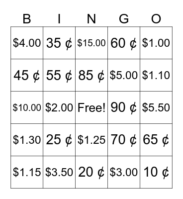 Money Bingo Card