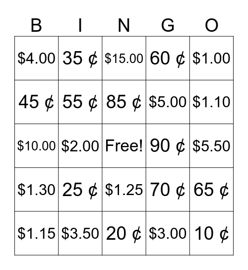 Money Bingo Card