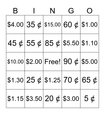 Money Bingo Card