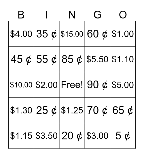 Money Bingo Card