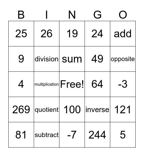 MATH Bingo Card