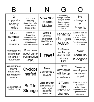 Marvel Rivals Season 9 Predictions Bingo Card