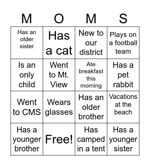 Student Scavenger Hunt Bingo Card