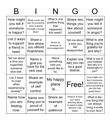 Life Skills Bingo Card