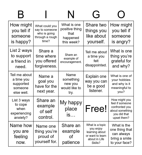 Life Skills Bingo Card