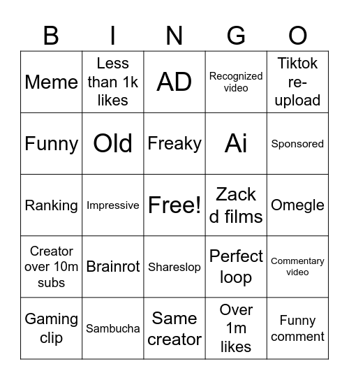 Yt shorts Bingo Card