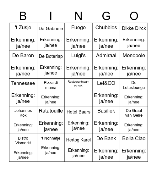 BPV-Bingo introductieweek horeca-opleidingen Bingo Card