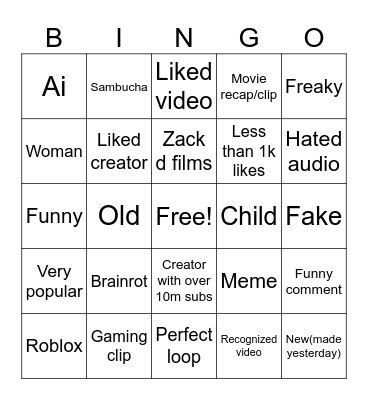 Yt shorts Bingo Card