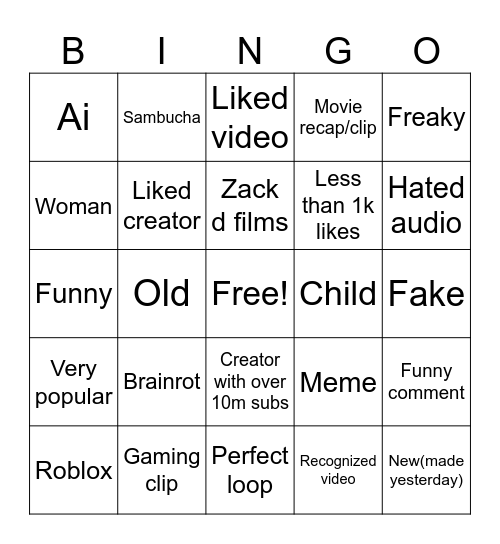 Yt shorts Bingo Card