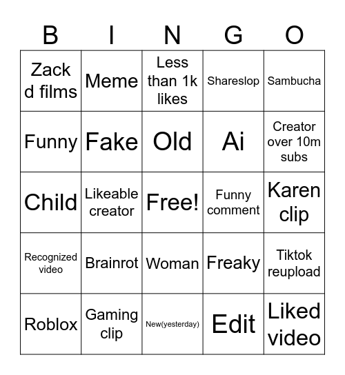 Yt shorts Bingo Card