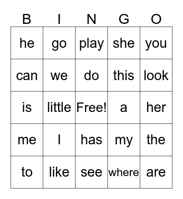 Sight Words 1-5 Bingo Card