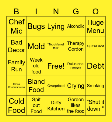 Kitchen Nightmares Bingo Card