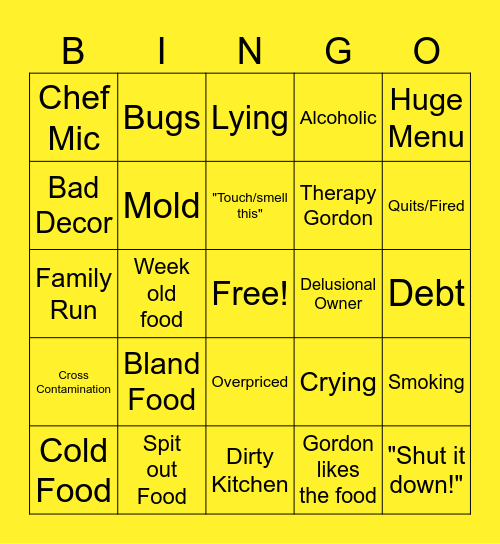 Kitchen Nightmares Bingo Card
