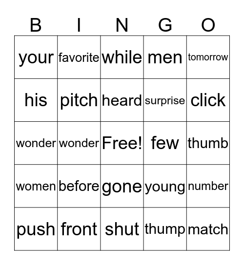 Vocabulary Words 1-5 Bingo Card