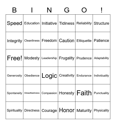 Values Bingo Card