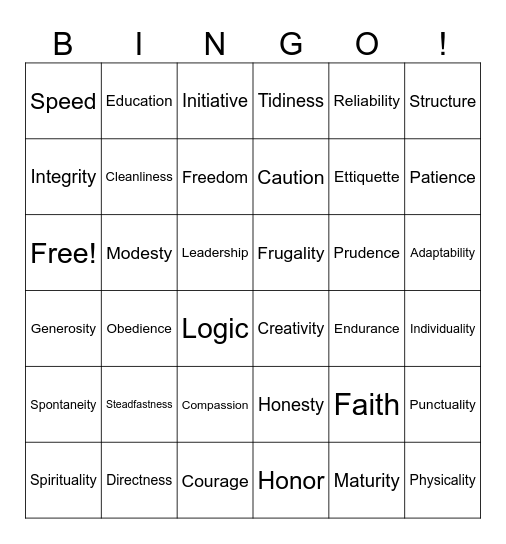 Values Bingo Card