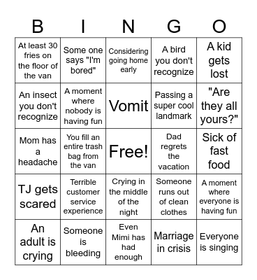 Vacation With Kids Bingo Card