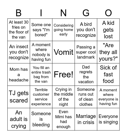 Vacation With Kids Bingo Card